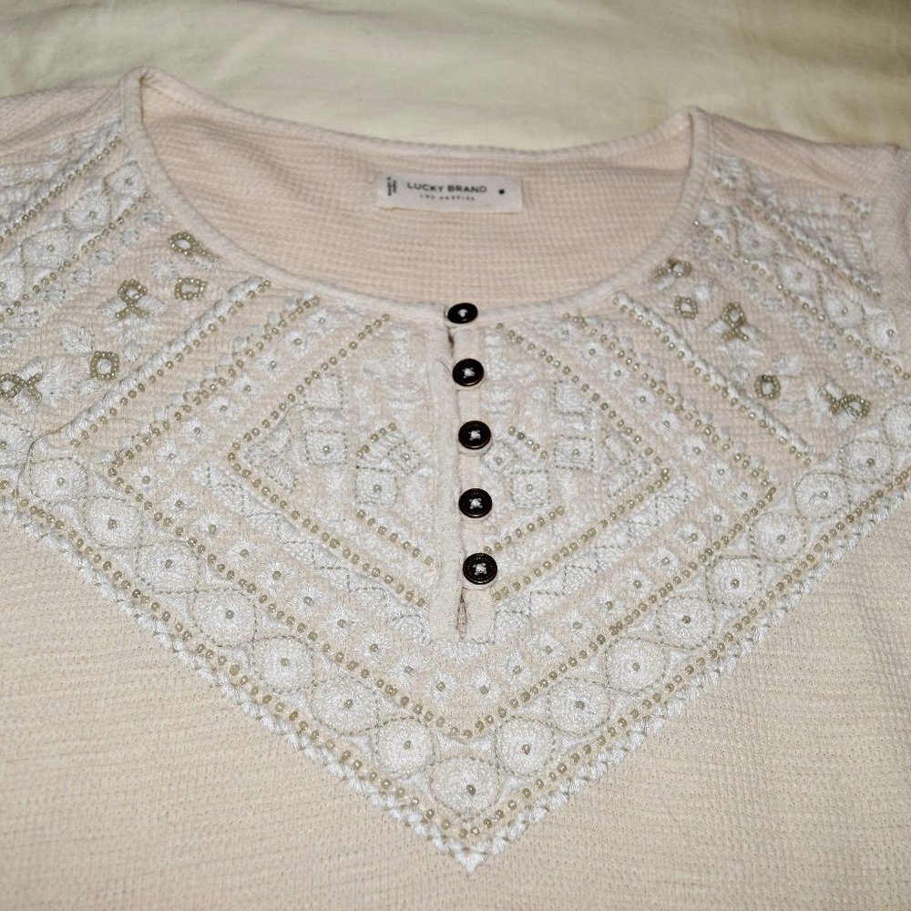 3 for 30 ~ Lucky Brand Medium Waffle Knit Cream Henley Lace Blouse M